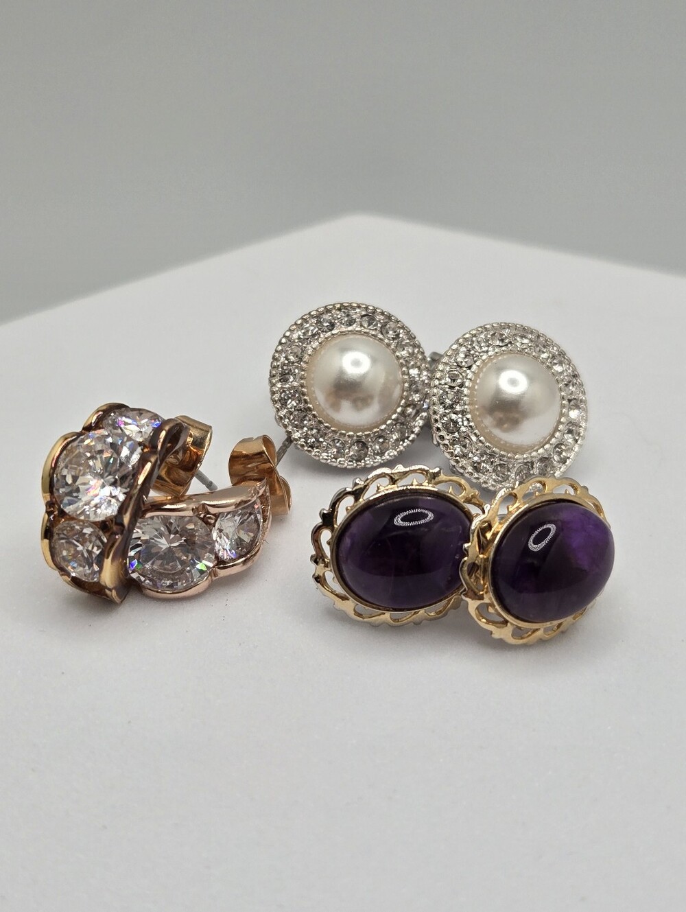 3 Pair Statement Earring Set Pearl Halo Amethyst Crystal Hoop New